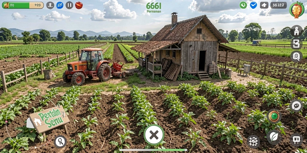 Tampilan gameplay <strong>666I</strong> yang menampilkan aktivitas berkebun yang seru.