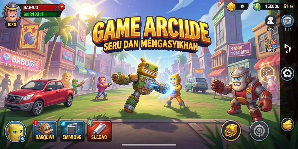 Tampilan screenshot utama BARU01 menampilkan gameplay Arcade yang penuh aksi dan warna.