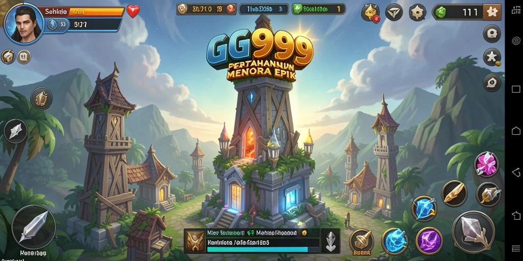 Screenshot GG999 menampilkan aksi seru dalam pertahanan menara.