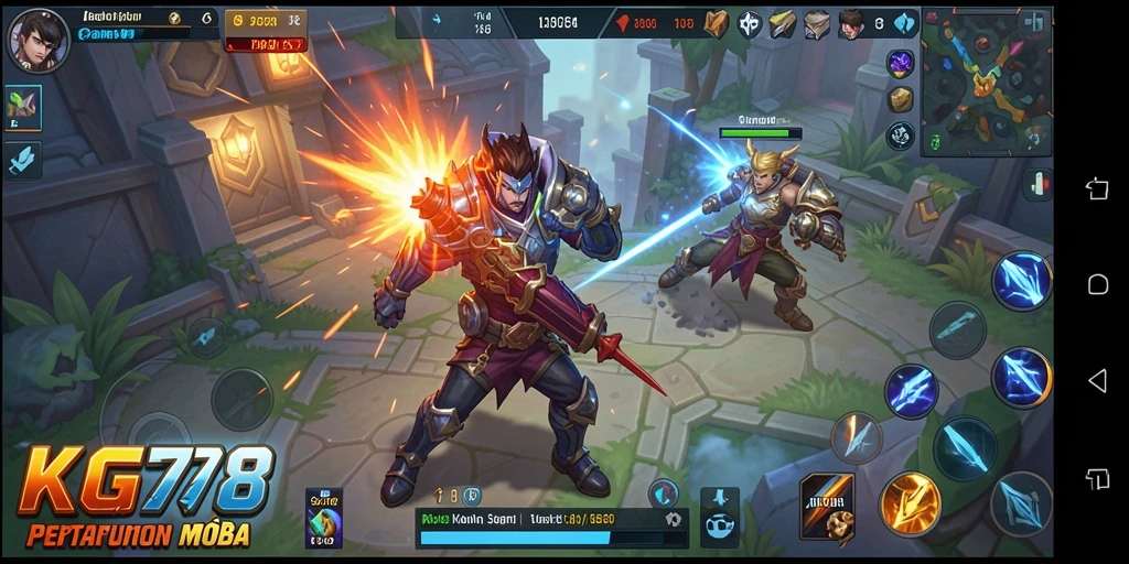 Screenshot gameplay KG778 yang menunjukkan pertarungan intens dalam arena MOBA.