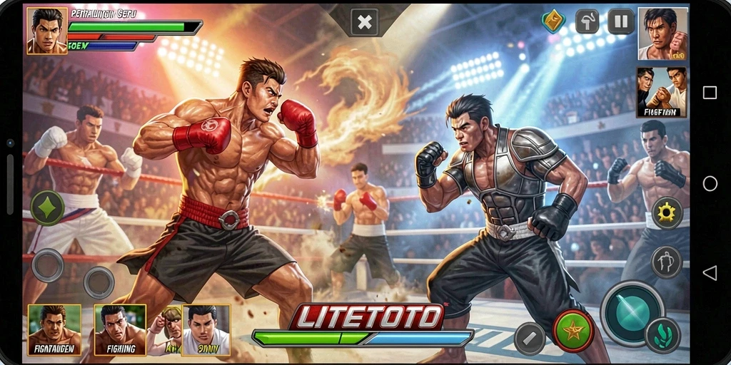 Screenshot gameplay LITETOTO menunjukkan aksi pertarungan yang mendebarkan.