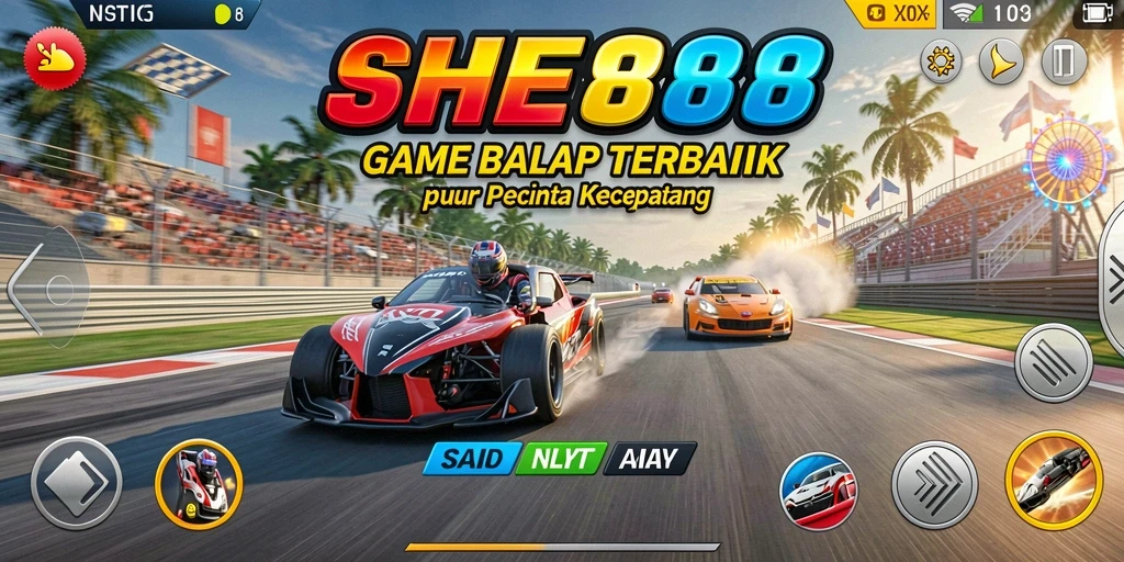 Screenshot gameplay SHE888 menampilkan mobil balap di lintasan mendebarkan.